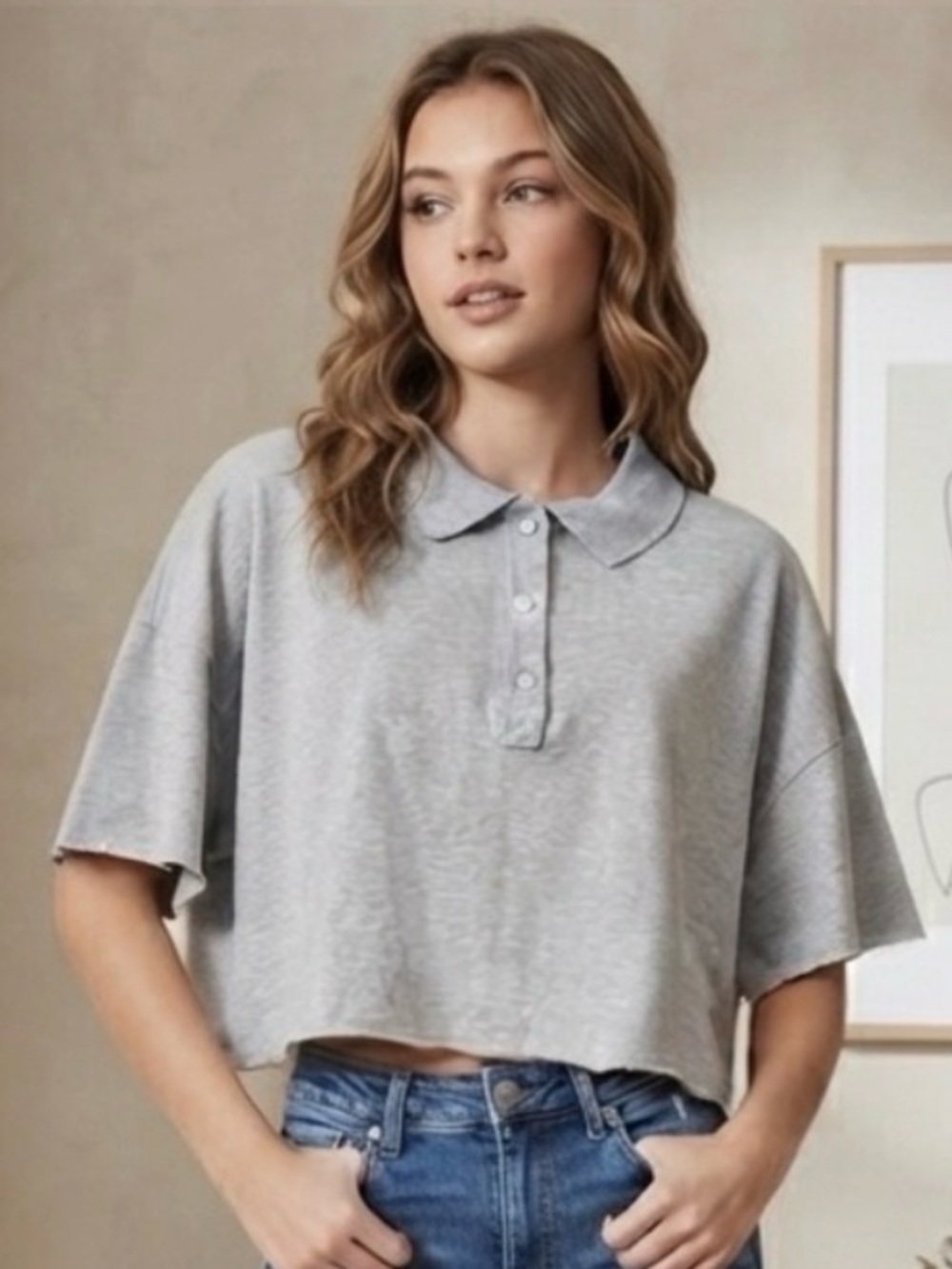 Aerie Offline by Aerie Distressed Gray Cropped Polo Shirt